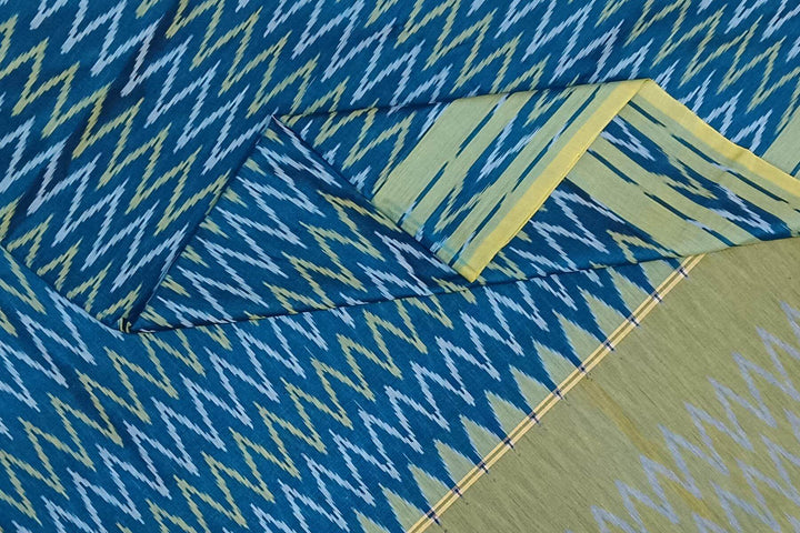 Ikat pure cotton saree in prussian blue in zig zag pattern