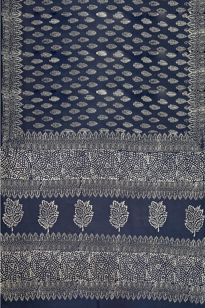 Jaipur mul cotton saree in navy blue  with fern leaf motifs