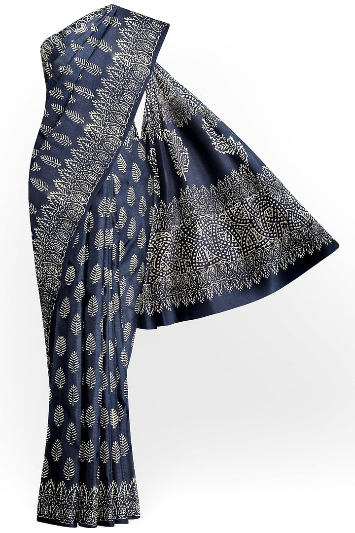 Jaipur mul cotton saree in navy blue  with fern leaf motifs