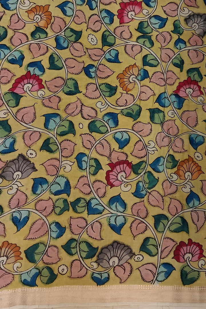 Hand painted Kalamkari on Bangalore silk saree in pink