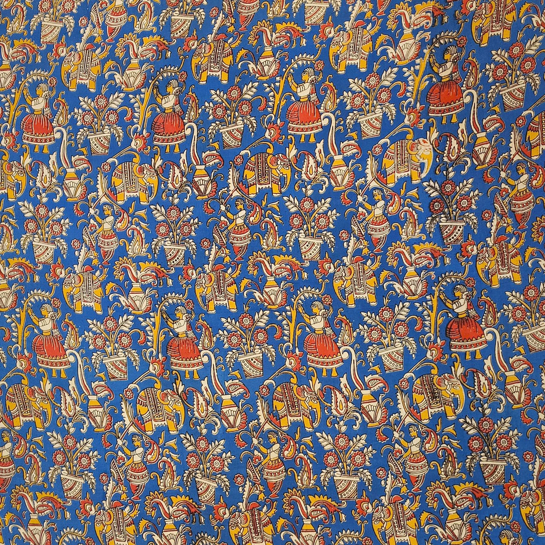 Kalamkari  silk cotton fabric in blue with elephant motifs