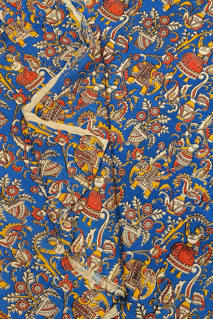 Kalamkari  silk cotton fabric in blue with elephant motifs