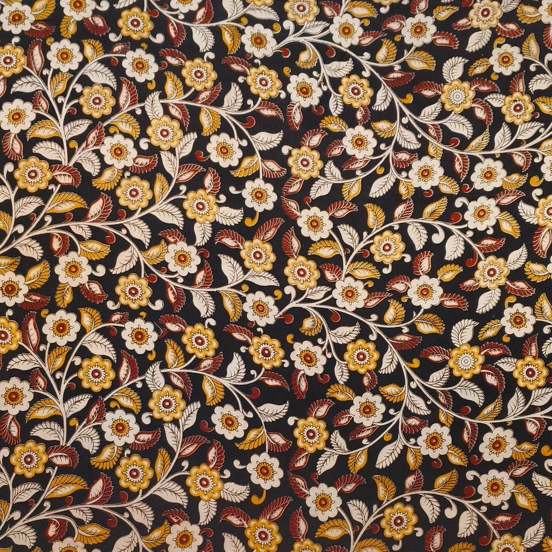 Kalamkari  silk cotton fabric in black with  floral vines
