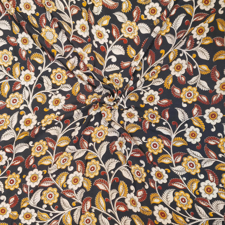 Kalamkari  silk cotton fabric in black with  floral vines