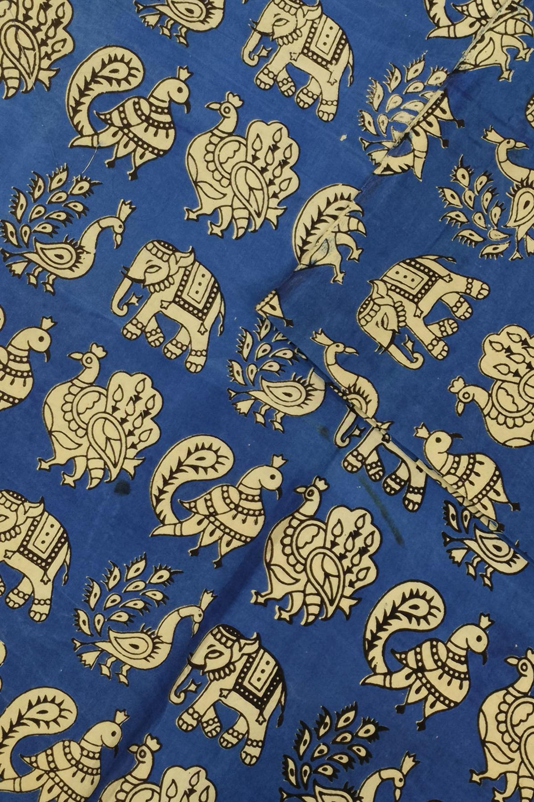 Kalamkari  silk cotton fabric in blue with  peacock motifs