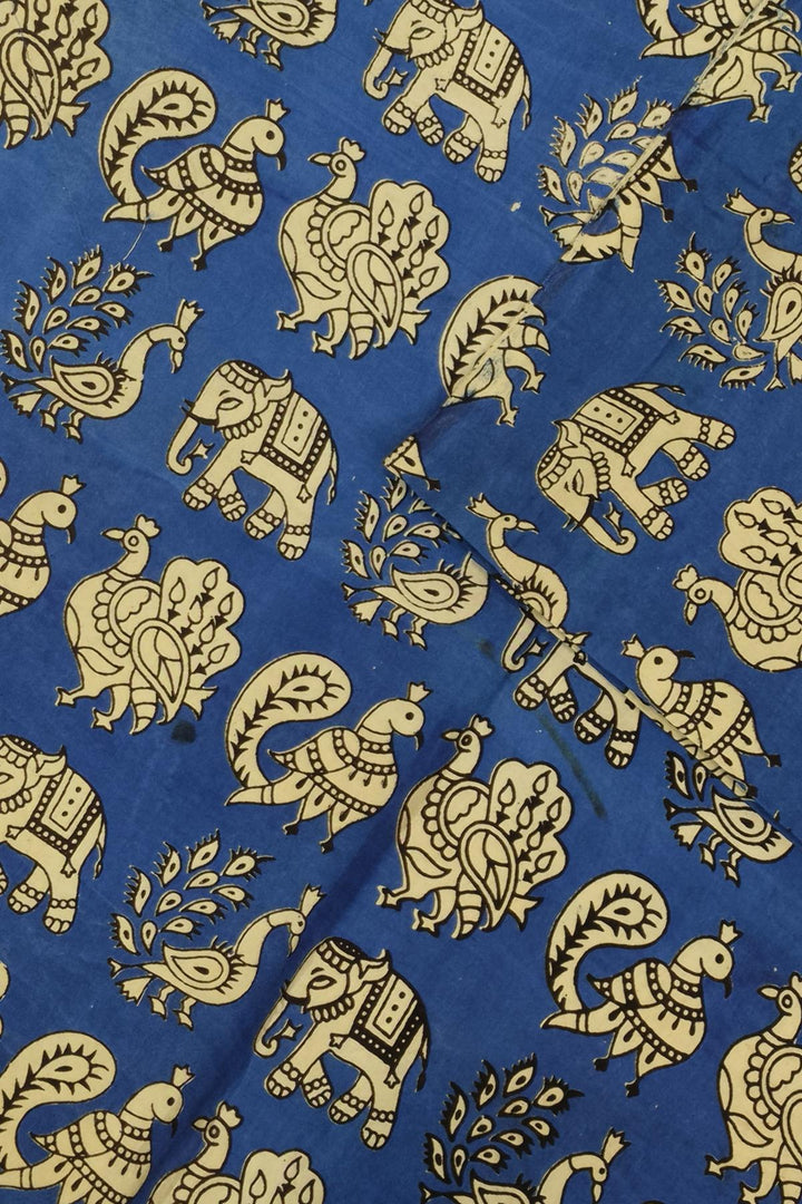 Kalamkari  silk cotton fabric in blue with  peacock motifs