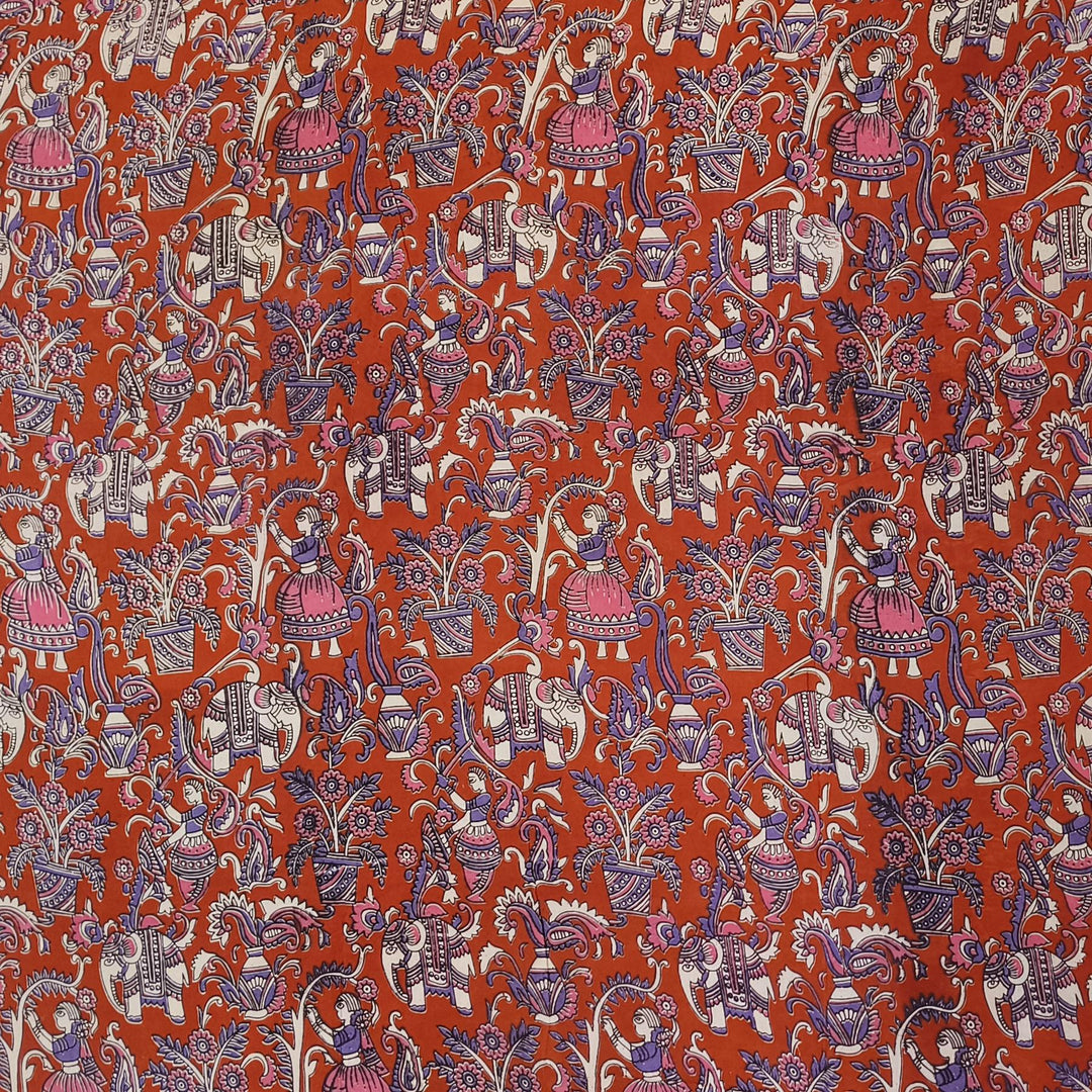 Kalamkari  silk cotton fabric in red with  floral vines