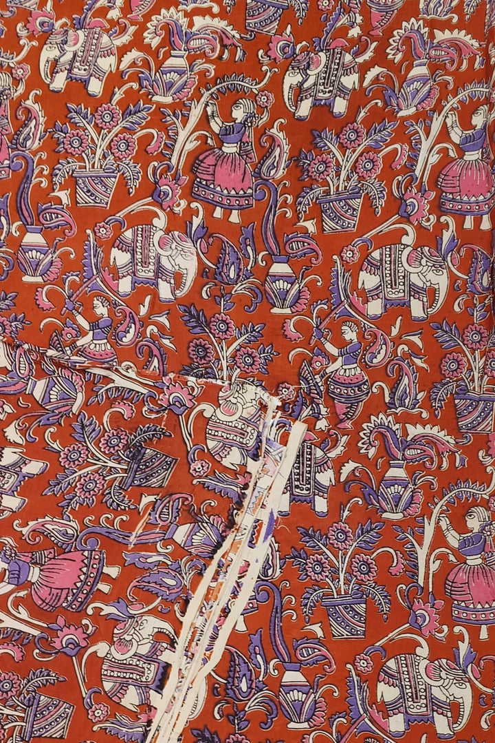 Kalamkari  silk cotton fabric in red with  floral vines
