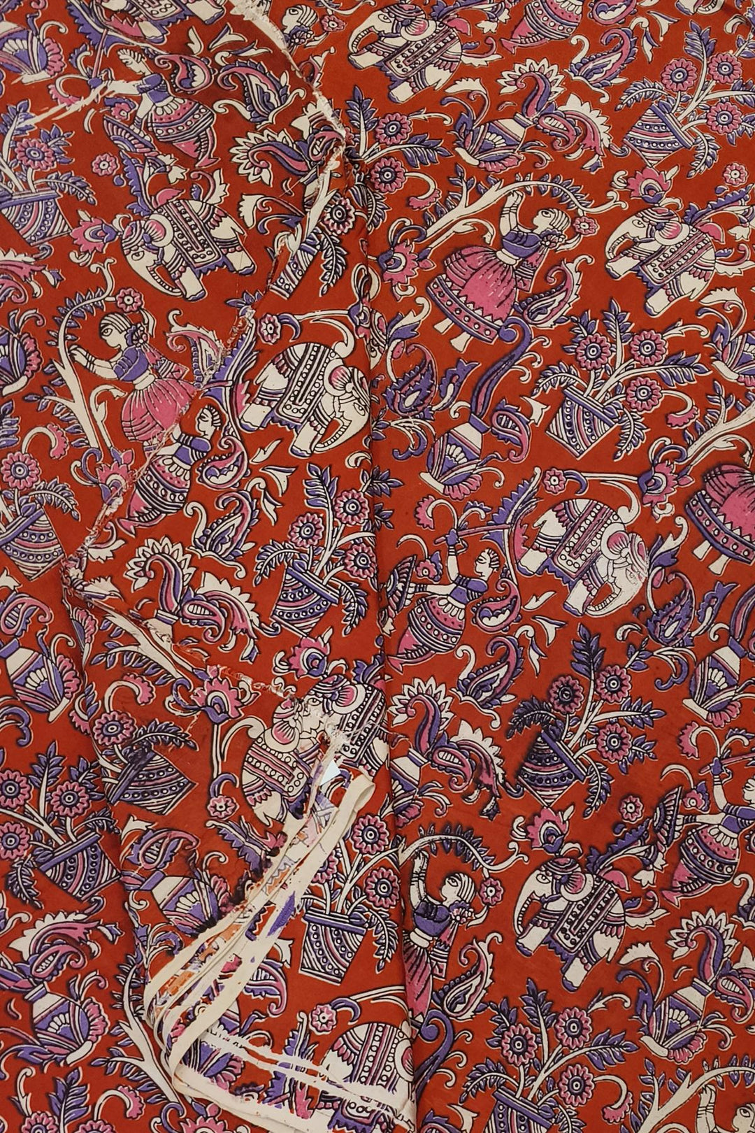 Kalamkari  silk cotton fabric in red with  floral vines