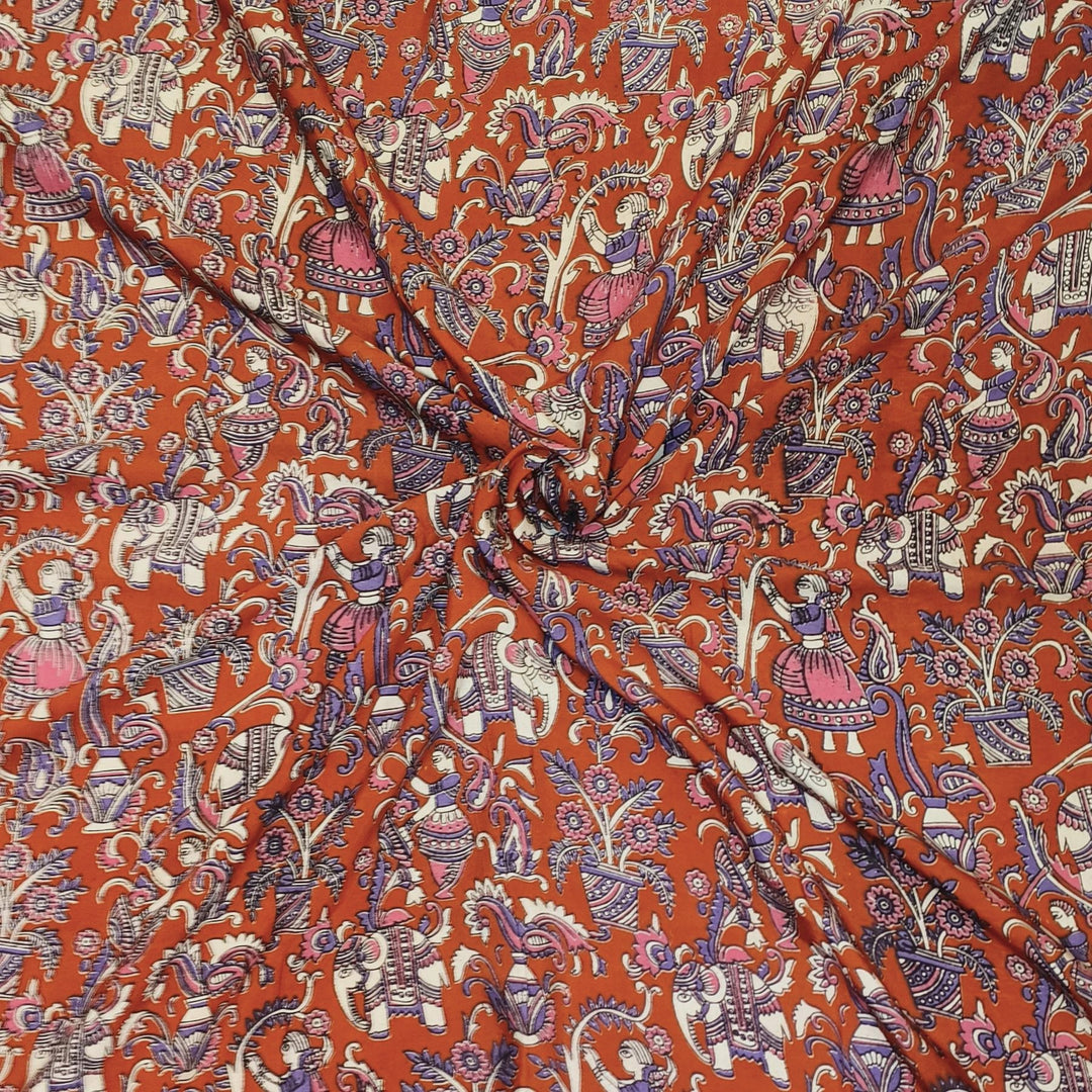 Kalamkari  silk cotton fabric in red with  floral vines