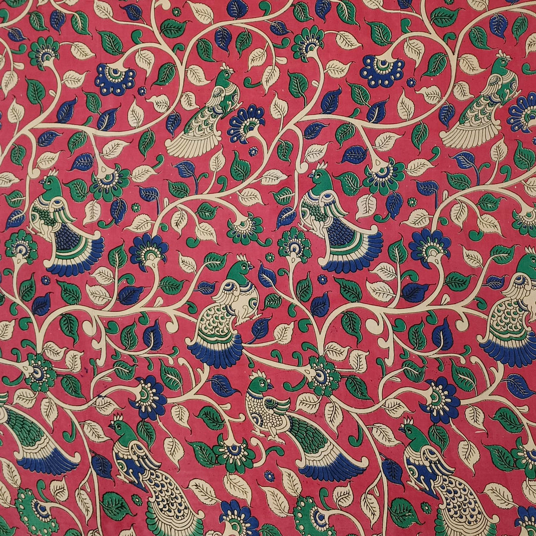 Kalamkari  silk cotton fabric in pink with  floral vines