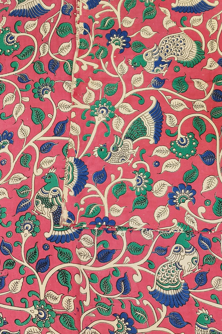 Kalamkari  silk cotton fabric in pink with  floral vines