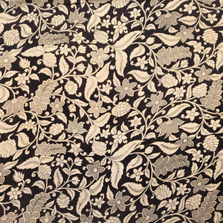 Kalamkari  silk cotton fabric in black with  leaf pattern