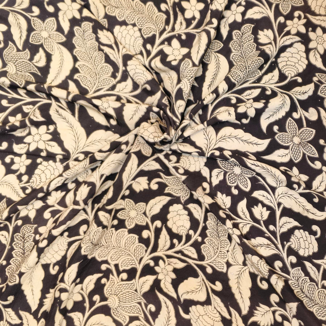 Kalamkari  silk cotton fabric in black with  leaf pattern