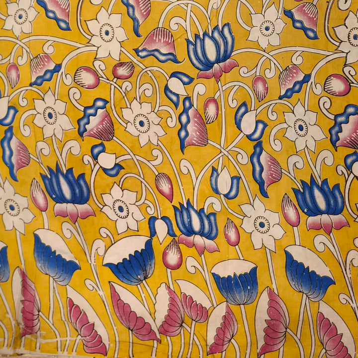 Kalamkari  silk cotton fabric in yellow with  lotus  vines
