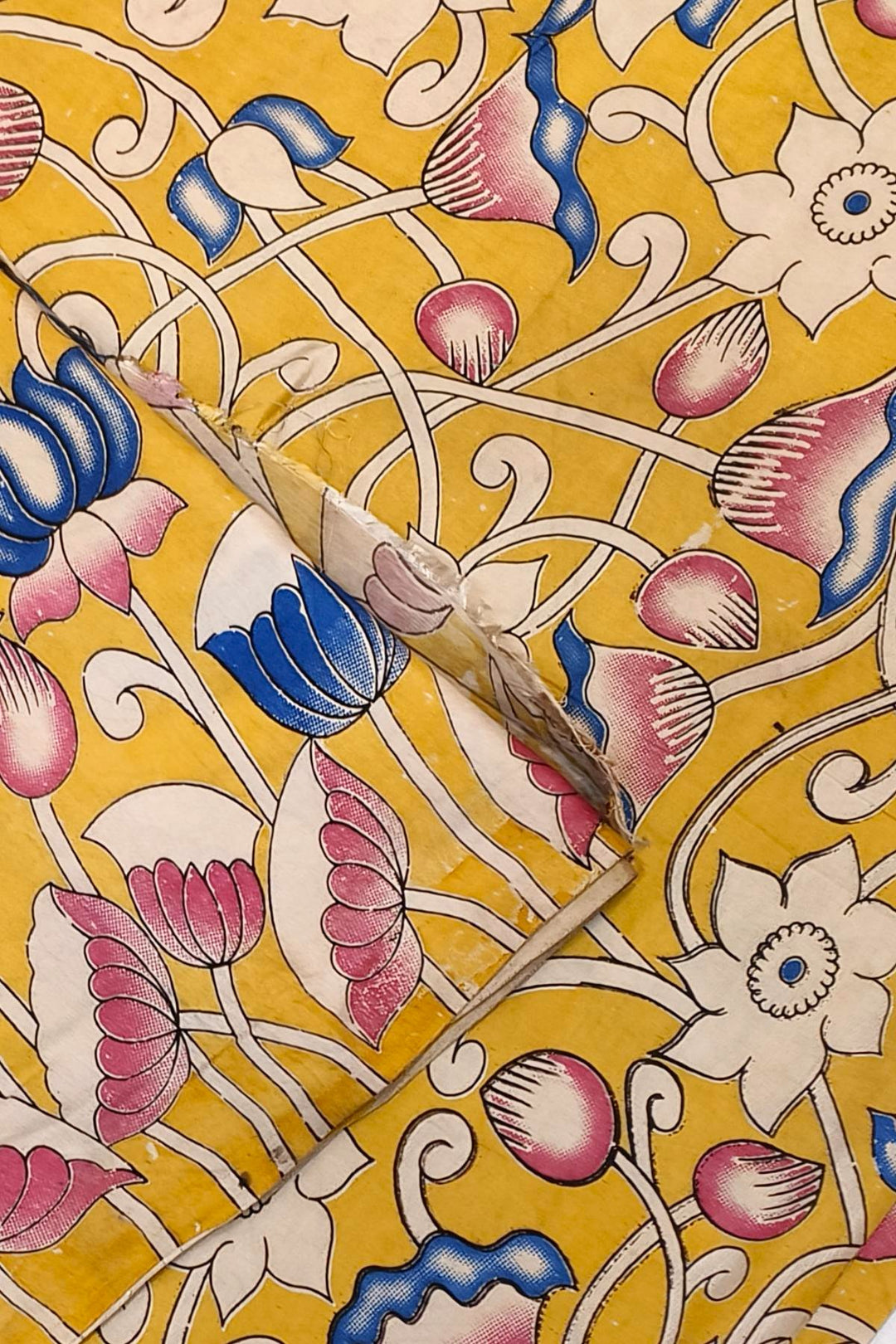 Kalamkari  silk cotton fabric in yellow with  lotus  vines