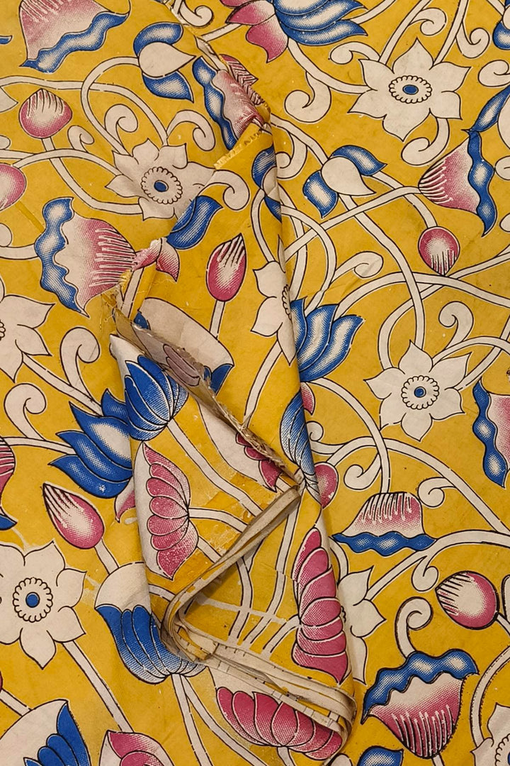 Kalamkari  silk cotton fabric in yellow with  lotus  vines
