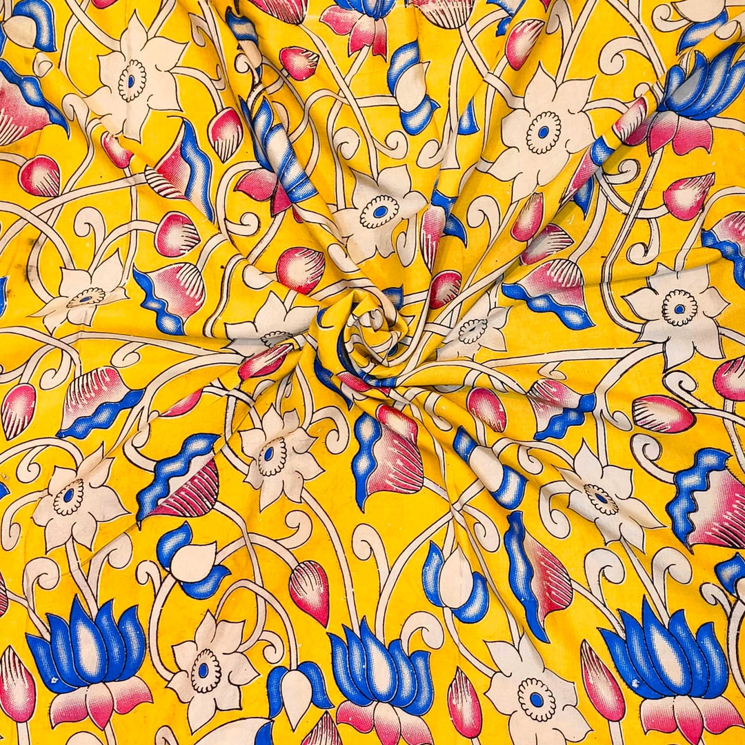 Kalamkari  silk cotton fabric in yellow with  lotus  vines