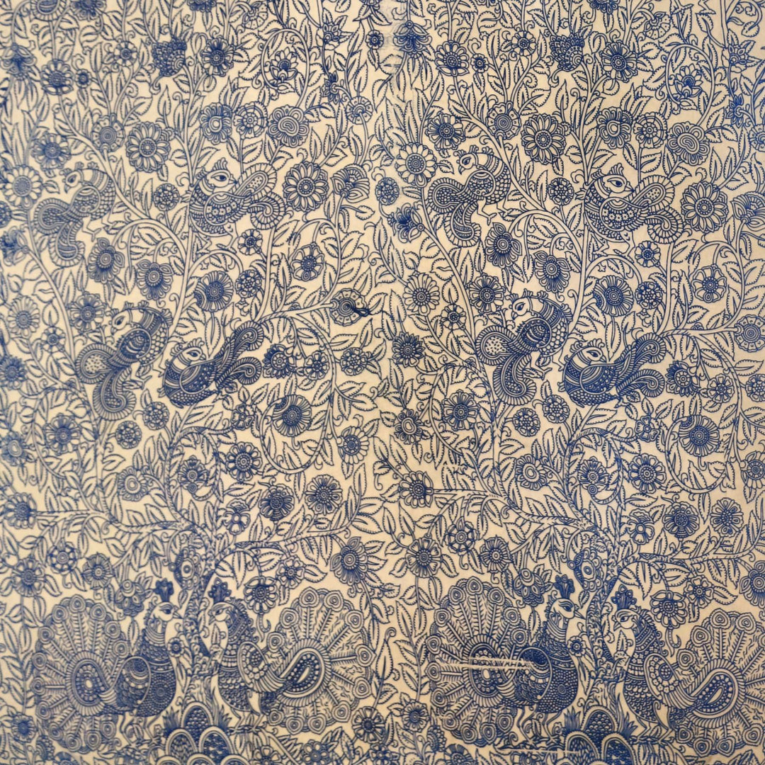 Kalamkari  silk cotton fabric in off white, blue with  peacock motifs