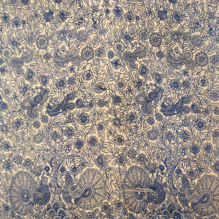 Kalamkari  silk cotton fabric in off white, blue with  peacock motifs