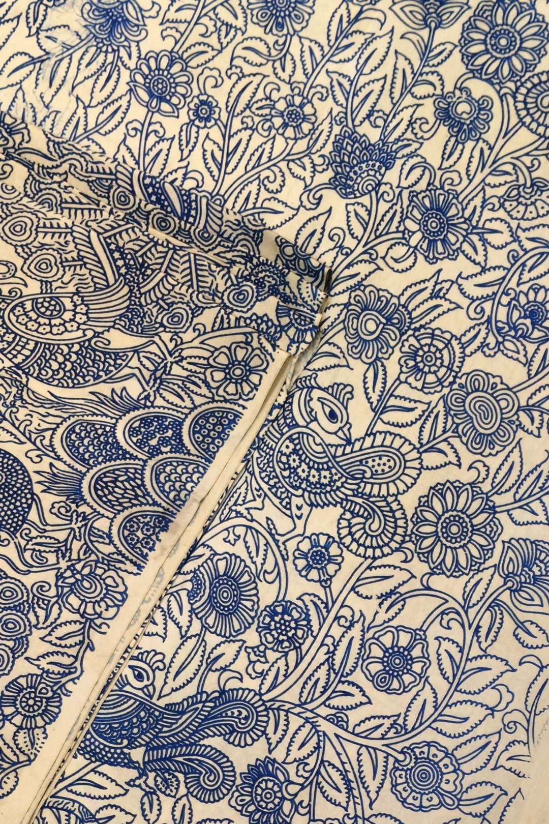 Kalamkari  silk cotton fabric in off white, blue with  peacock motifs