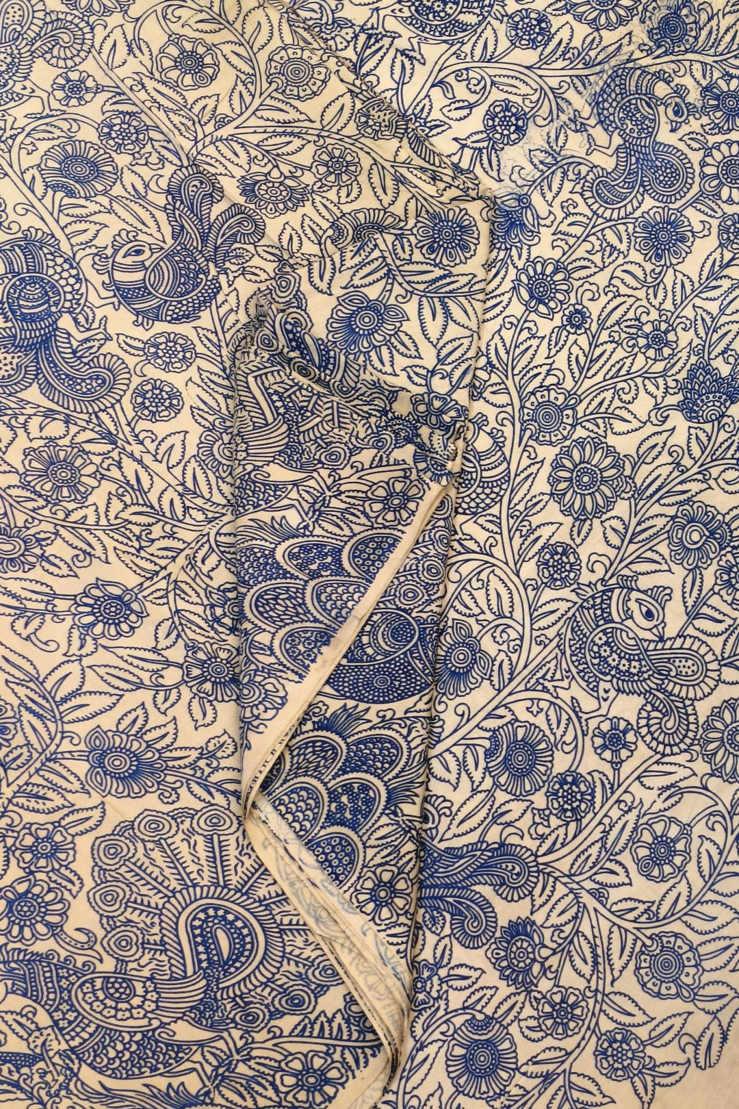 Kalamkari  silk cotton fabric in off white, blue with  peacock motifs