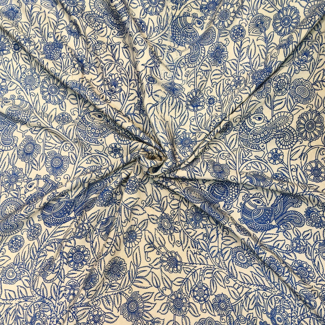 Kalamkari  silk cotton fabric in off white, blue with  peacock motifs