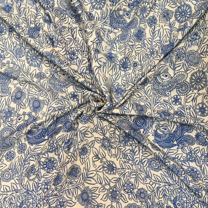 Kalamkari  silk cotton fabric in off white, blue with  peacock motifs