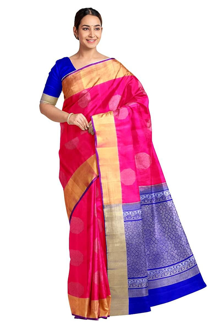 Kanchi soft silk  saree in pink  with big motifs and geometric pattern in pallu.