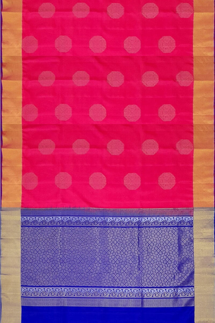 Kanchi soft silk  saree in pink  with big motifs and geometric pattern in pallu.