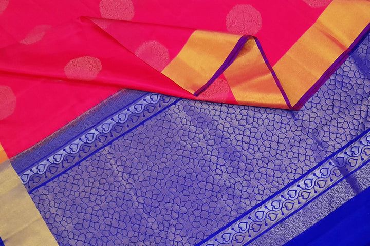 Kanchi soft silk  saree in pink  with big motifs and geometric pattern in pallu.
