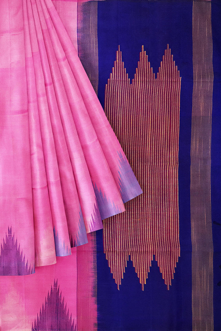 Kanchi soft silk saree in baby pink  with temple border and a contrast pallu