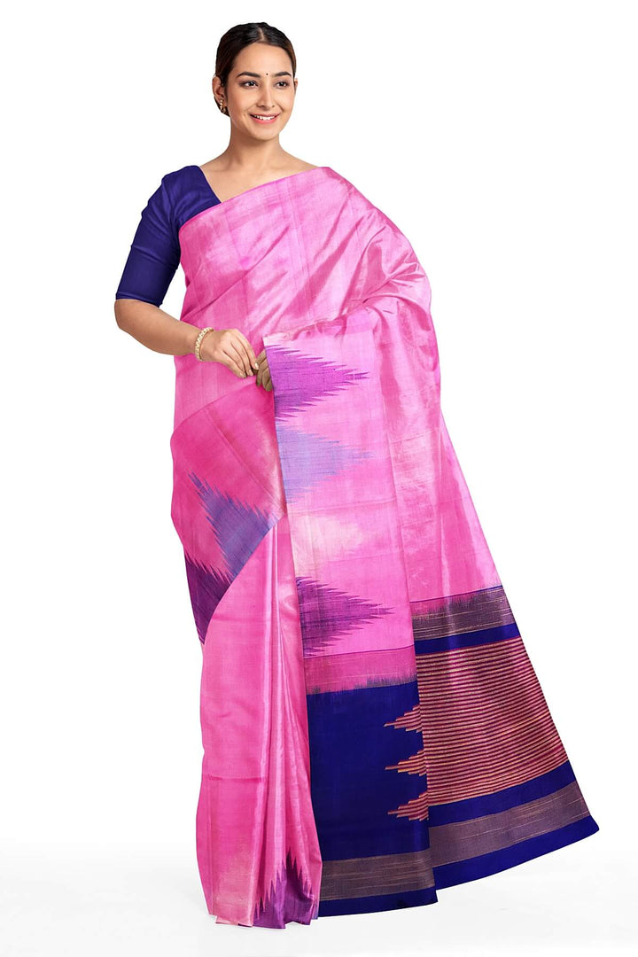 Kanchi soft silk saree in baby pink  with temple border and a contrast pallu