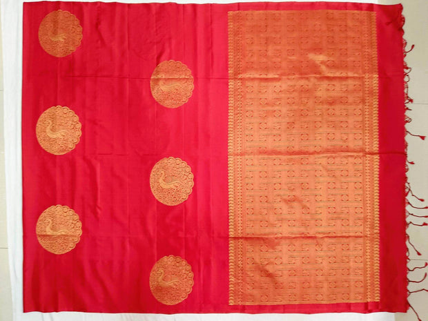 Kanchi soft silk saree in red with peacock motifs in gold