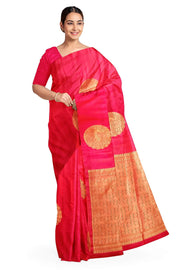 Kanchi soft silk saree in red with peacock motifs in gold