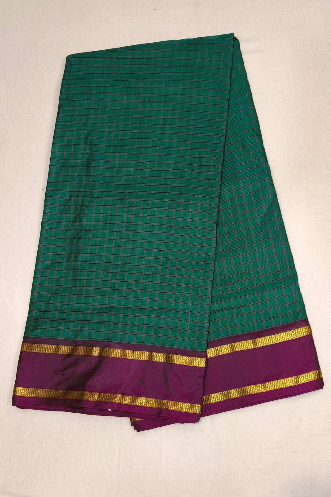 Kanchi  pure silk saree  in checks in teal green ( 9 yards )