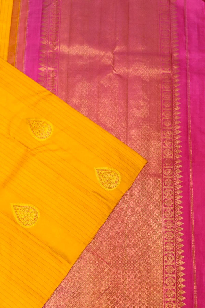 Kanchi borderless pure silk saree in mustard  with paisley motifs