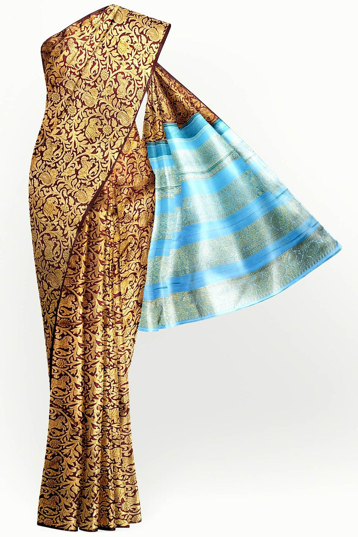 Kanchi  pure silk  brocade saree in brown with floral & animal motifs