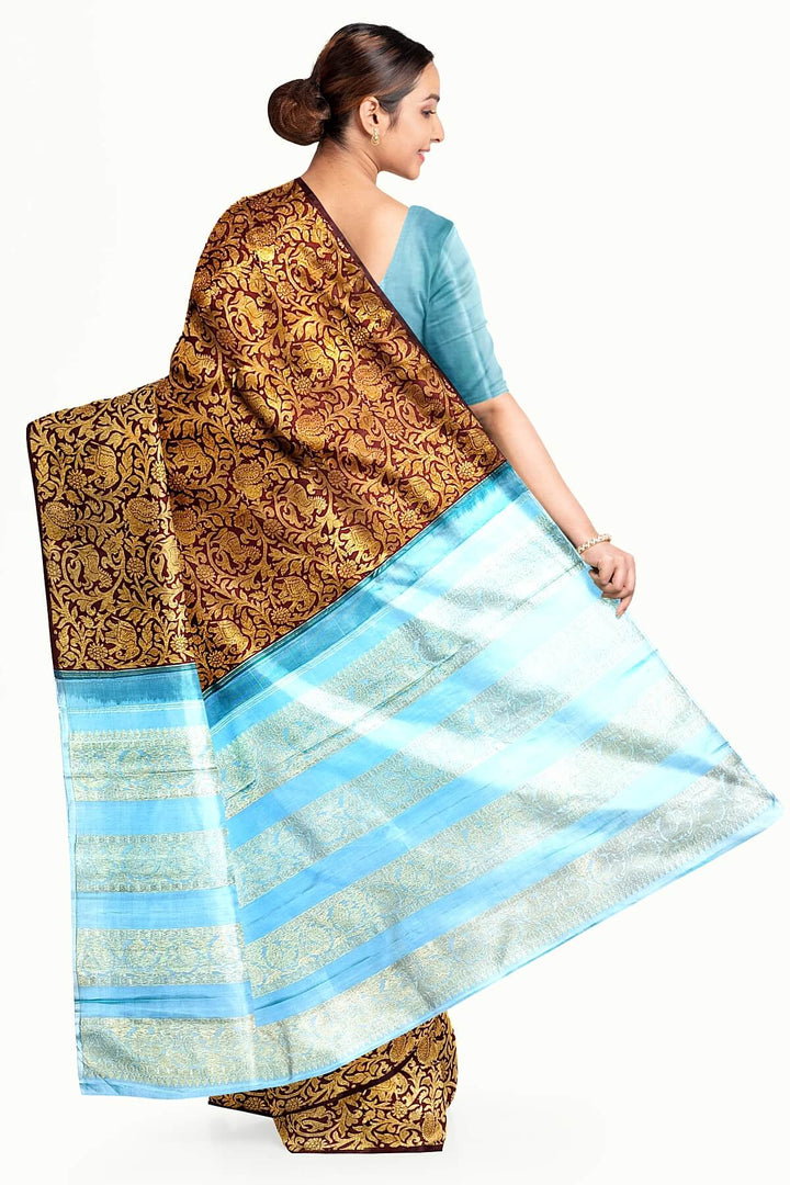 Kanchi  pure silk  brocade saree in brown with floral & animal motifs