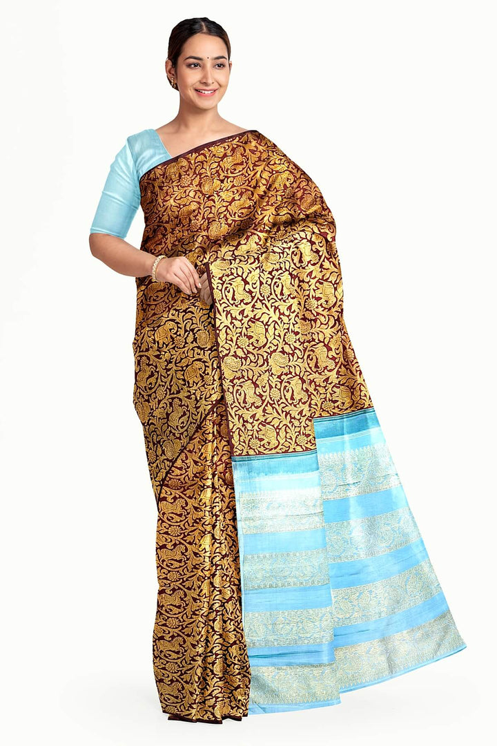 Kanchi  pure silk  brocade saree in brown with floral & animal motifs
