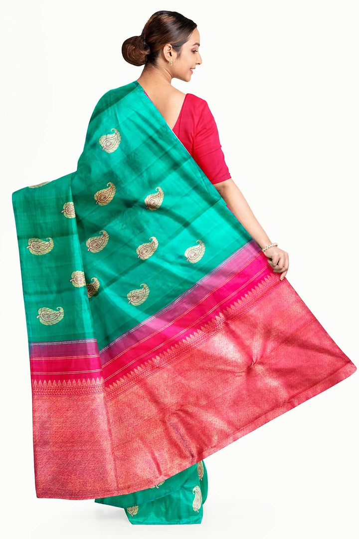 Kanchi borderless pure silk saree in rama green