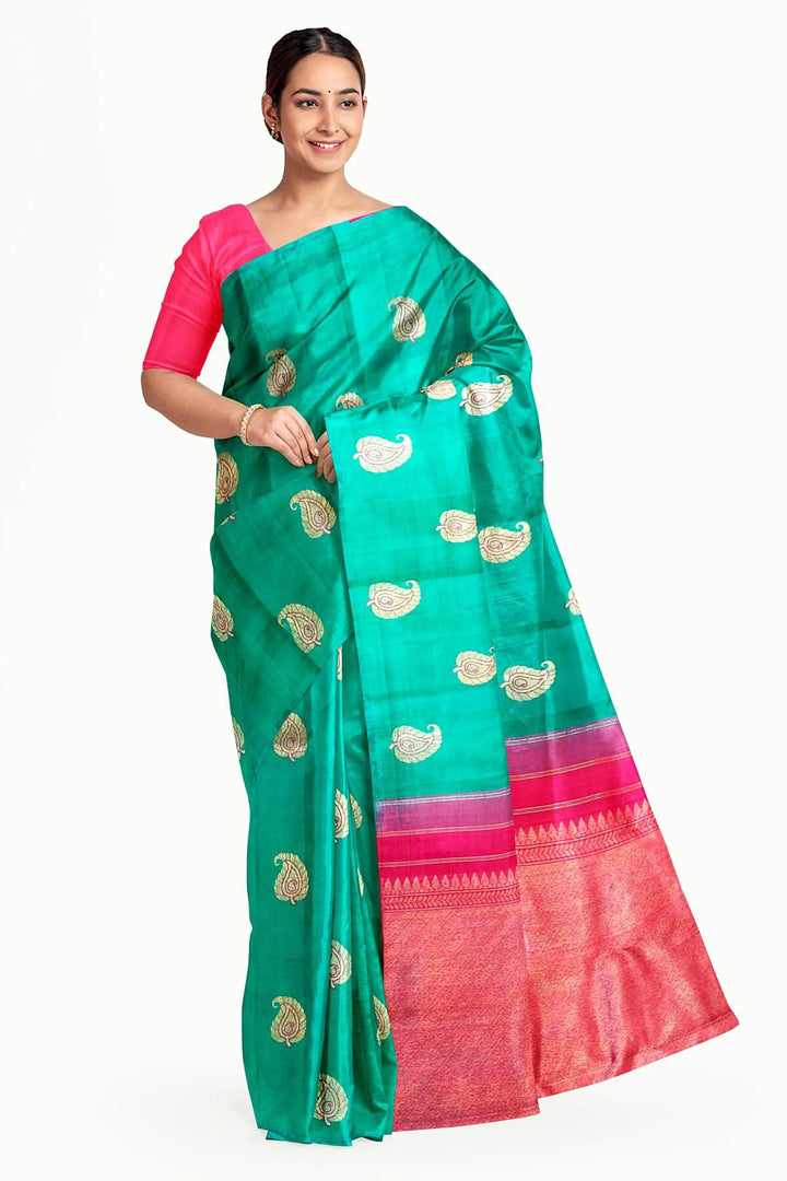 Kanchi borderless pure silk saree in rama green
