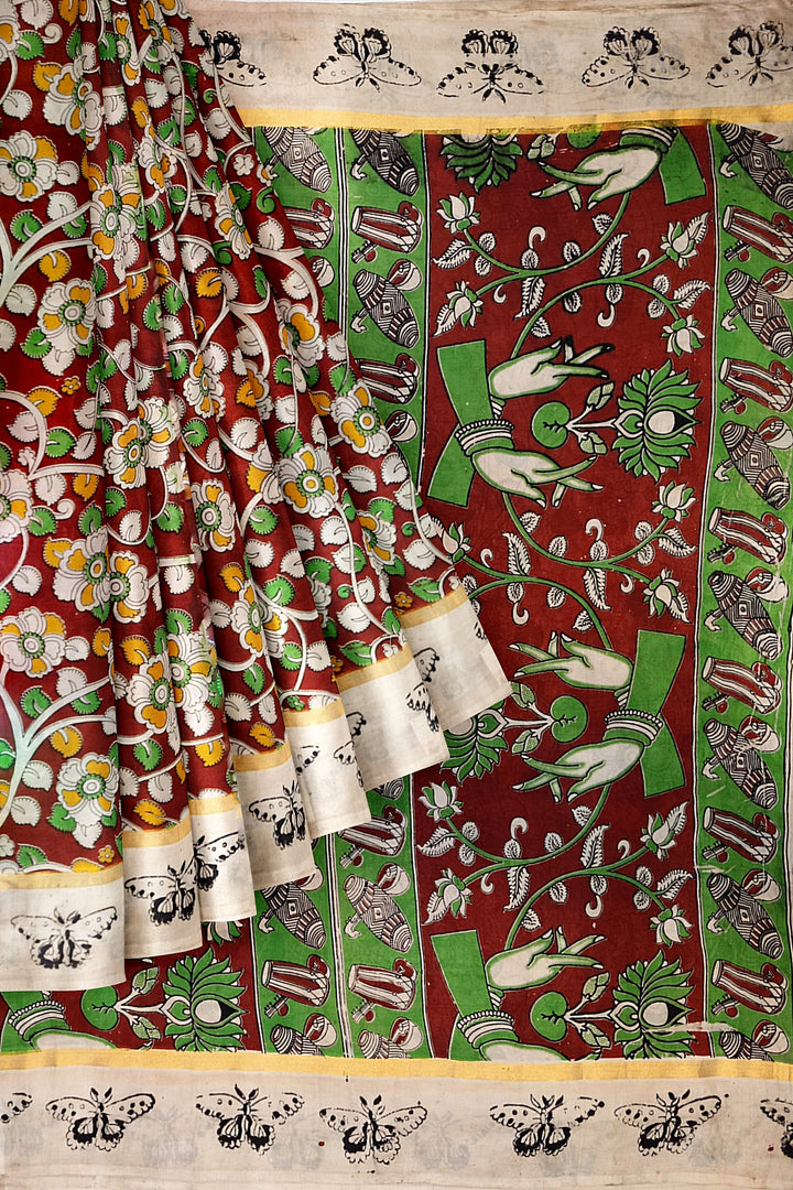 Mangalgiri silk cotton saree in  maroon  in kalamkari print