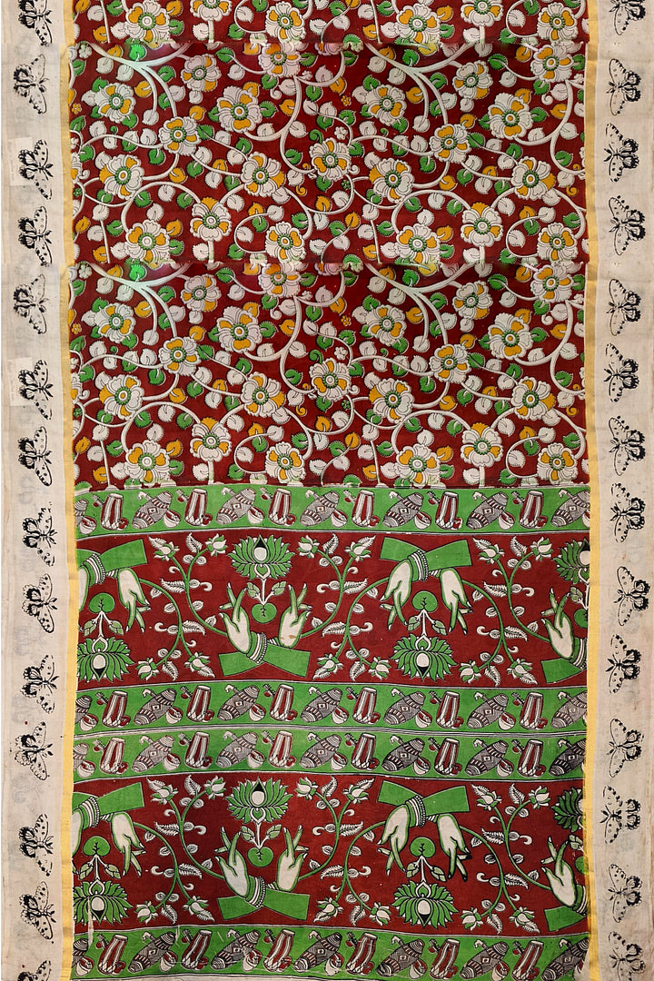 Mangalgiri silk cotton saree in  maroon  in kalamkari print