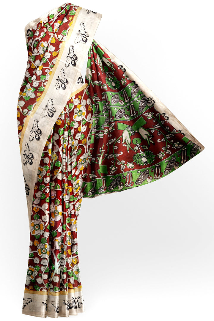 Mangalgiri silk cotton saree in  maroon  in kalamkari print