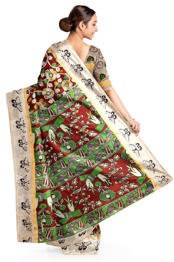 Mangalgiri silk cotton saree in  maroon  in kalamkari print
