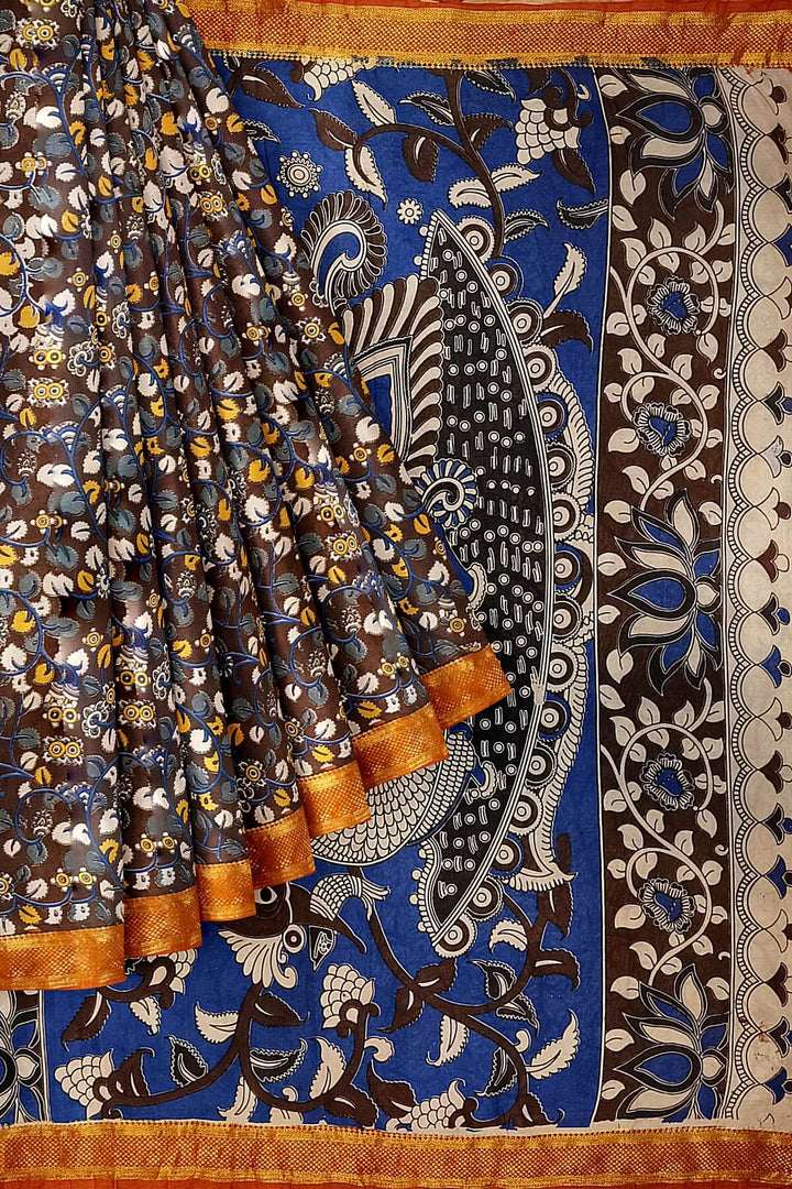 Mangalgiri silk cotton saree in brown in kalamkari print