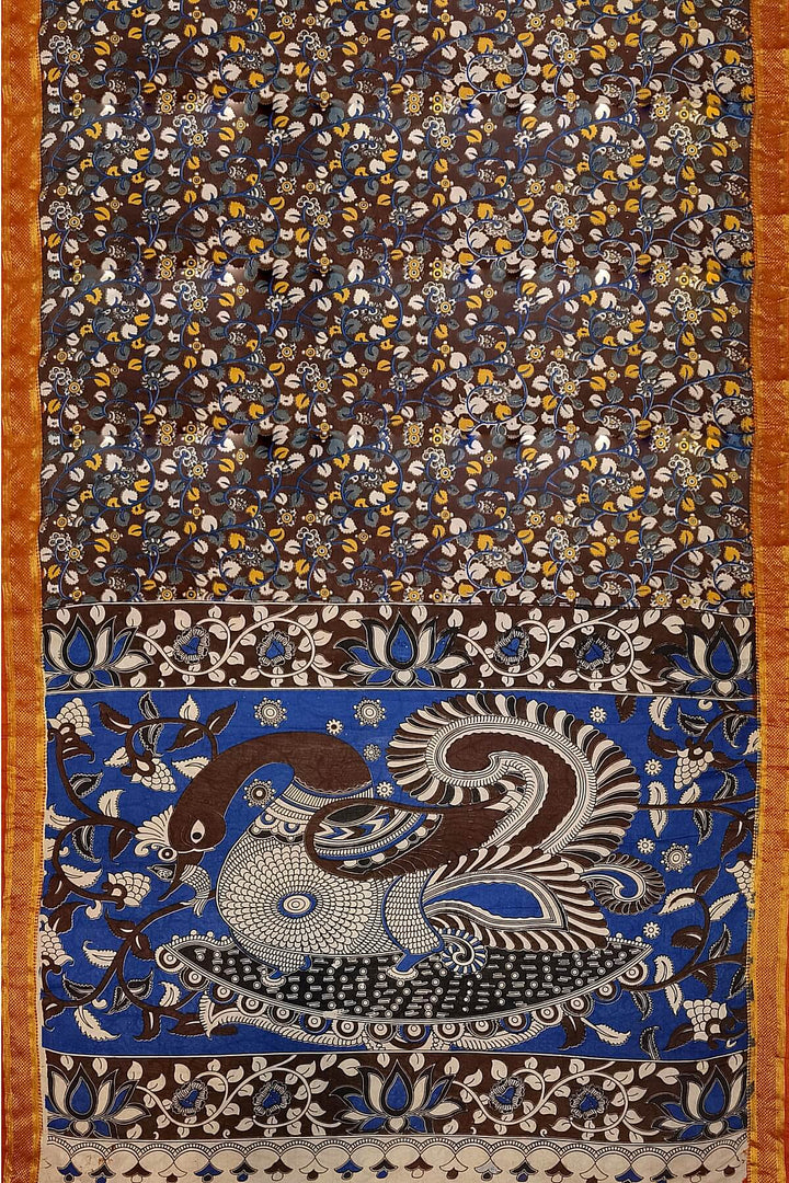 Mangalgiri silk cotton saree in brown in kalamkari print