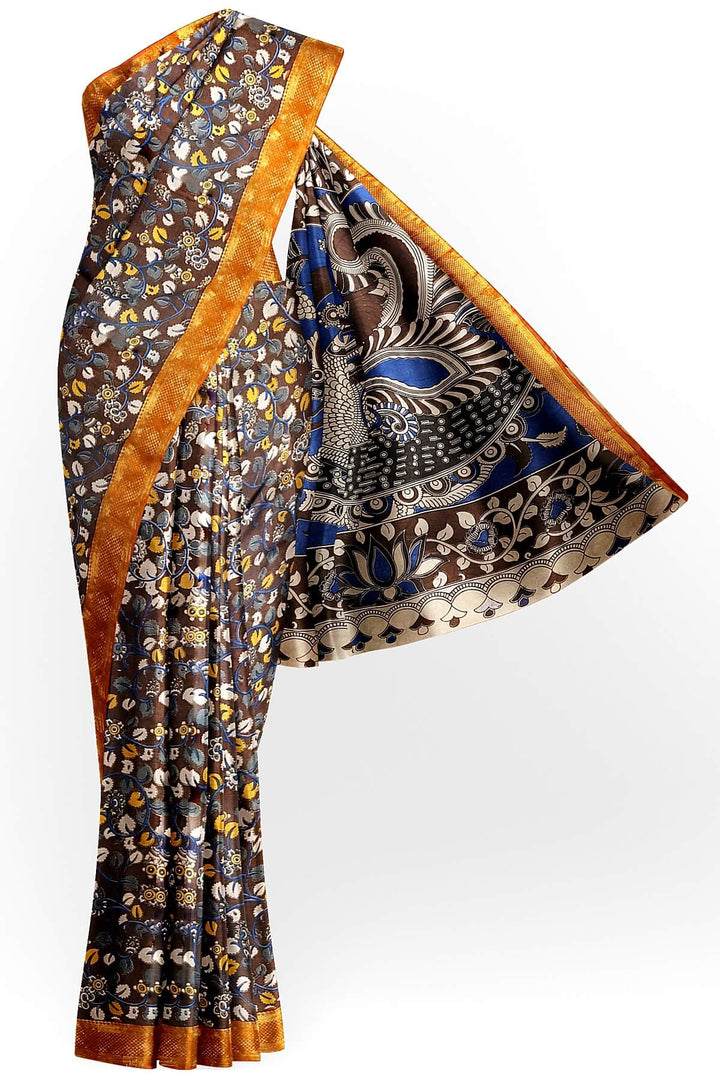 Mangalgiri silk cotton saree in brown in kalamkari print