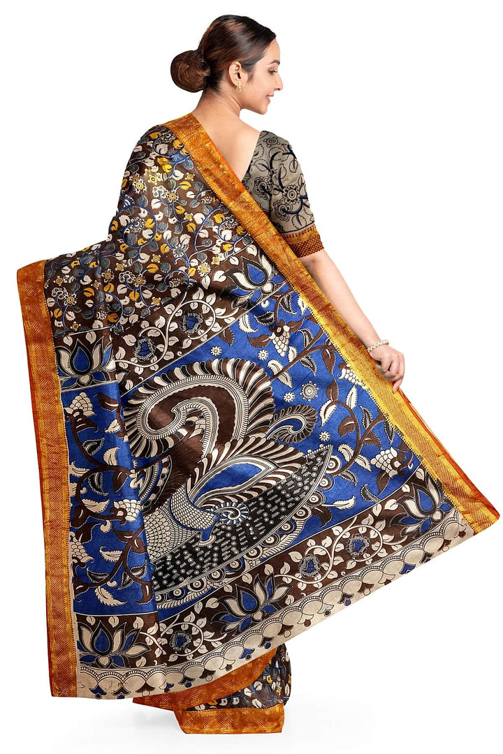 Mangalgiri silk cotton saree in brown in kalamkari print